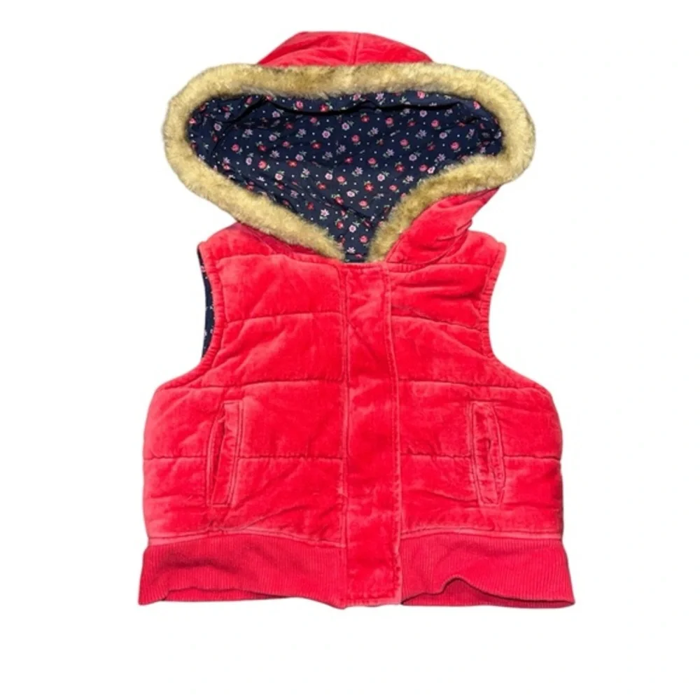 Vintage OshKosh Hooded Red Velvet Jacket Vest Youth Girls 18 months Floral Lined